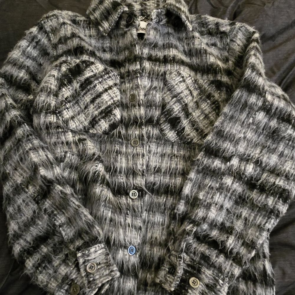 EPTM The Perfect Example. Branded Fuzzy Plaid Button-Up Jacket - Gray & Black